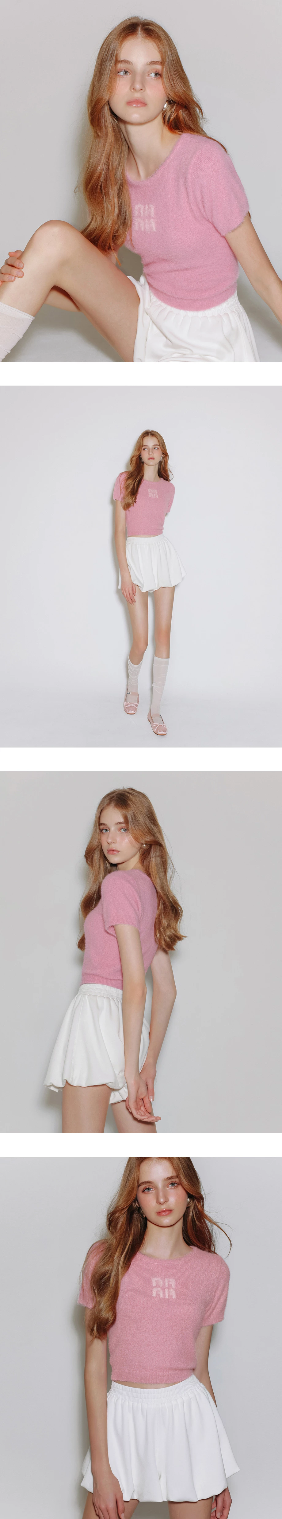 Fluffy Knit Short Sleeve Crop Top with AIR SPACE Logo Embroidered