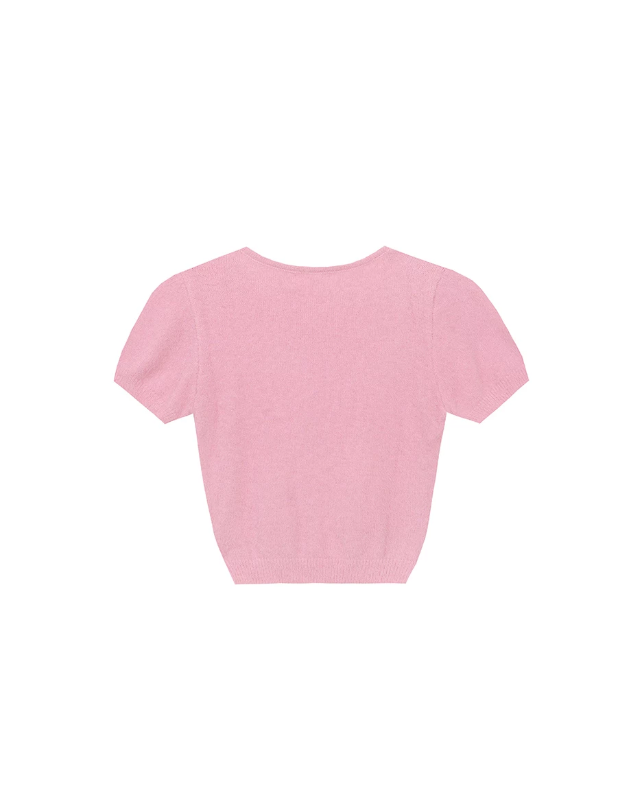 Fluffy Knit Short Sleeve Crop Top with AIR SPACE Logo Embroidered