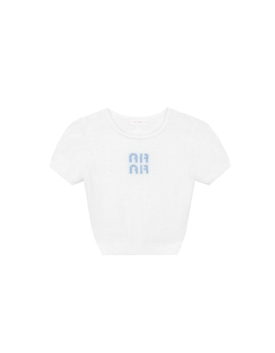 Fluffy Knit Short Sleeve Crop Top with AIR SPACE Logo Embroidered