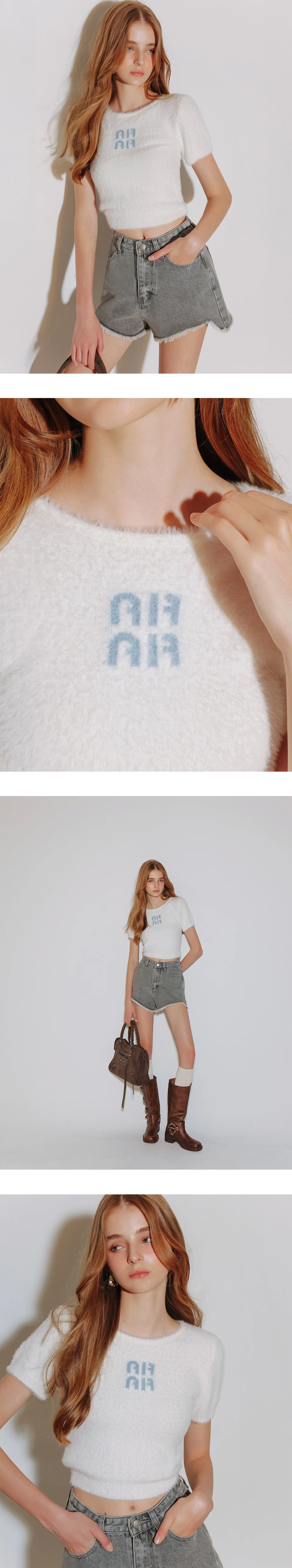 Fluffy Knit Short Sleeve Crop Top with AIR SPACE Logo Embroidered