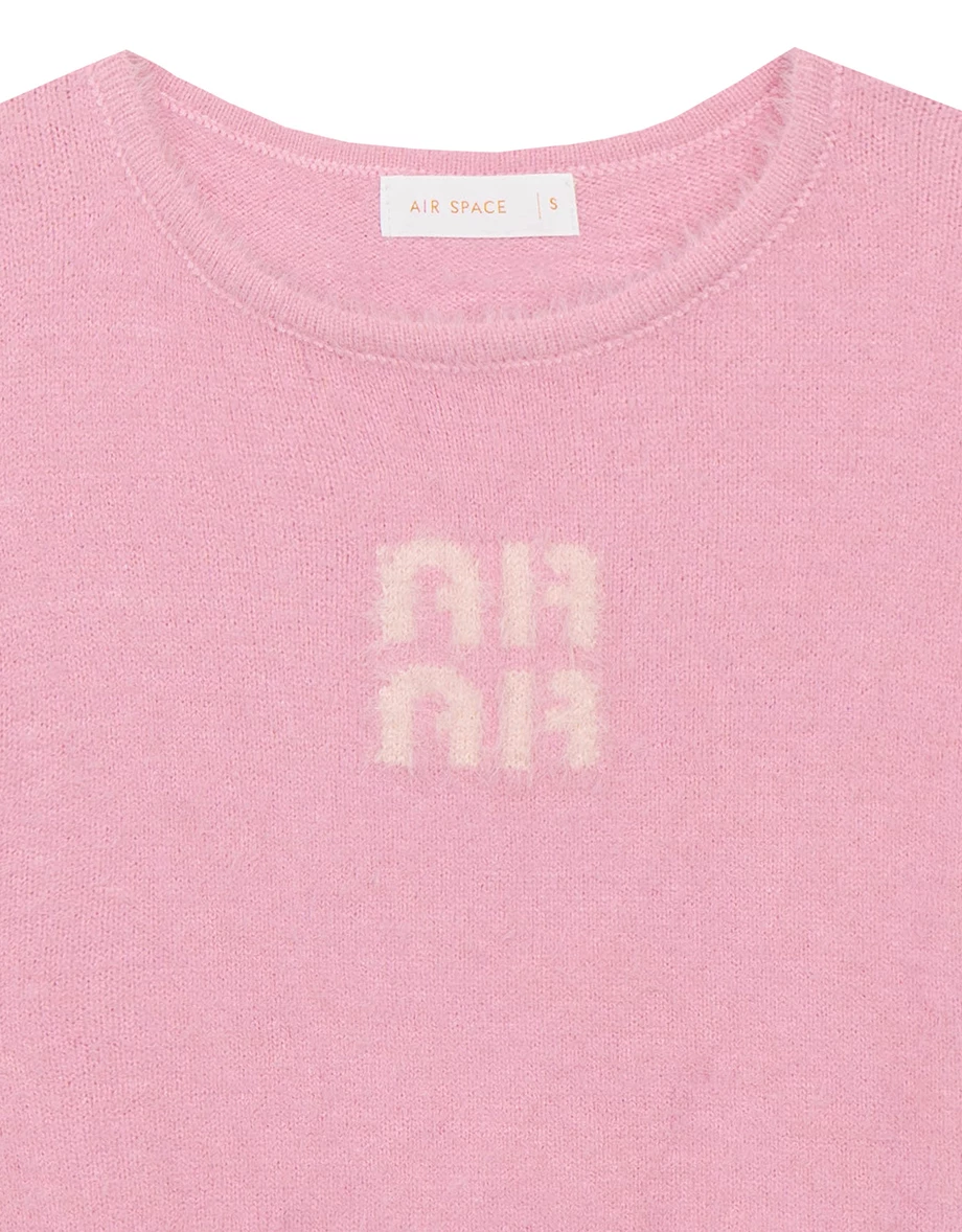 Fluffy Knit Short Sleeve Crop Top with AIR SPACE Logo Embroidered
