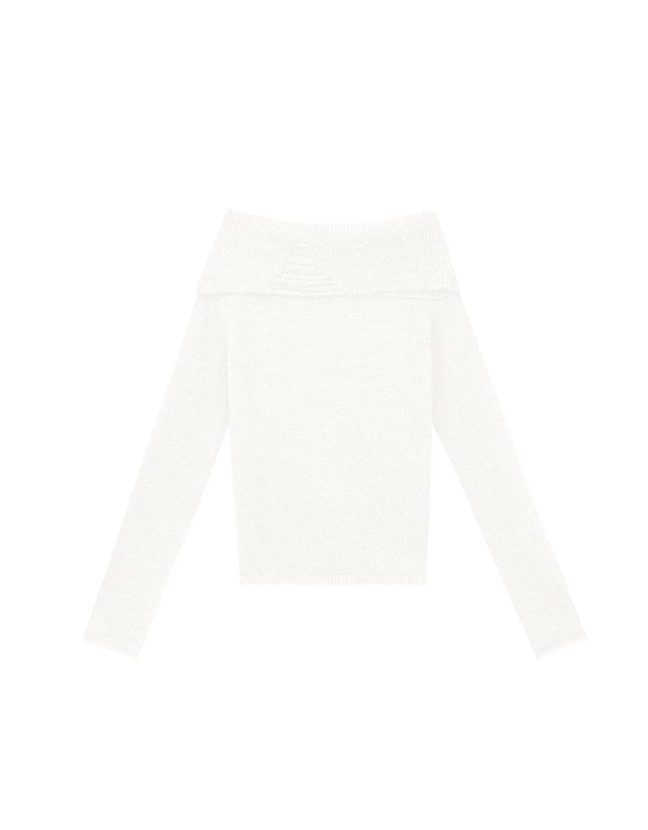 Off Shoulder Folded Collar Long Sleeve Knit Top