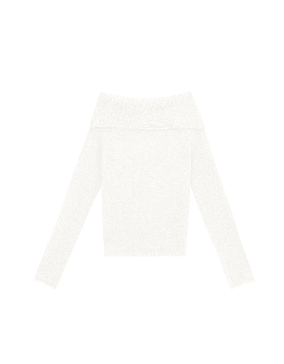 Off Shoulder Folded Collar Long Sleeve Knit Top