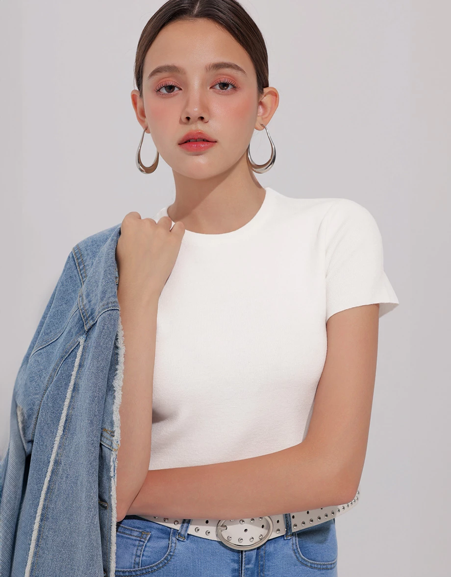 Basic Crew Neck Knit Fitted Crop Top