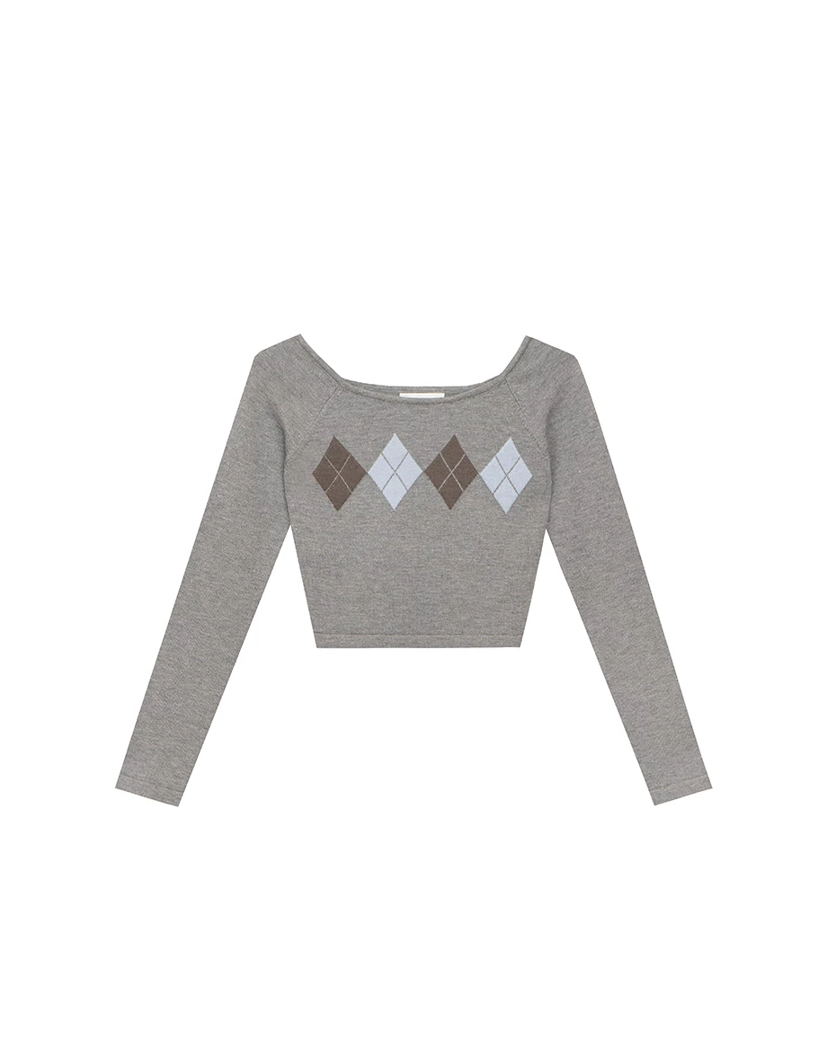 Off Shoulder Argyle Knit Long Sleeve Top