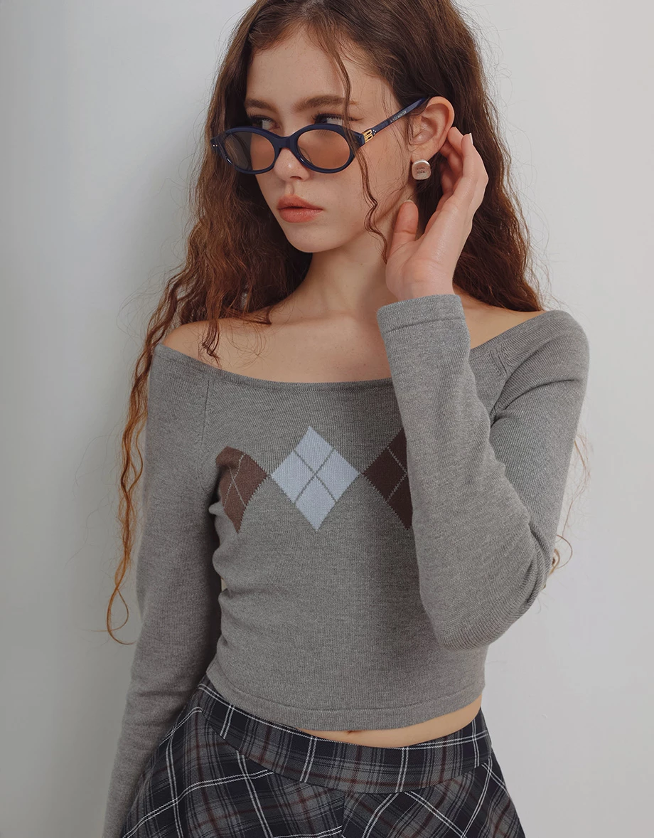 Off Shoulder Argyle Knit Long Sleeve Top