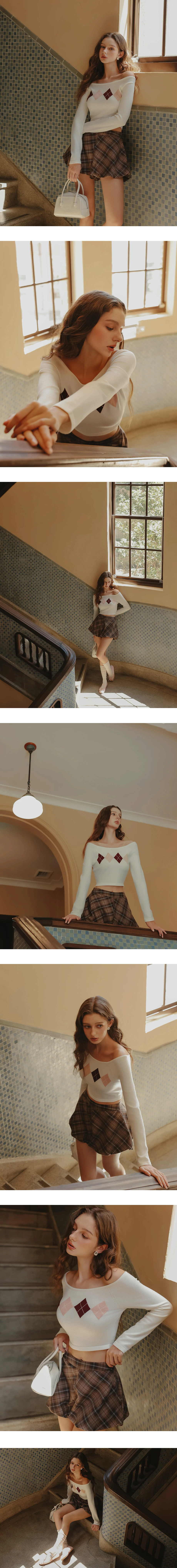 Off Shoulder Argyle Knit Long Sleeve Top