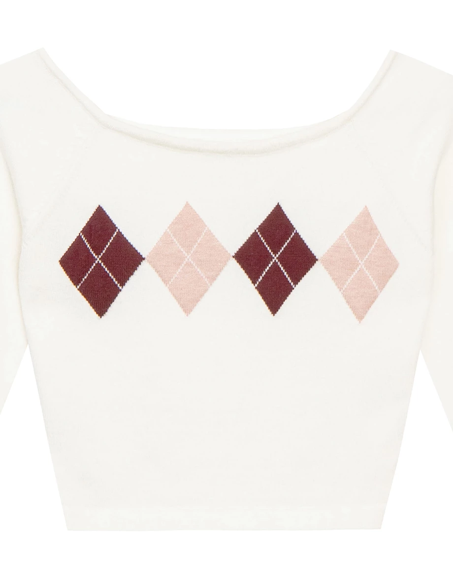 Off Shoulder Argyle Knit Long Sleeve Top