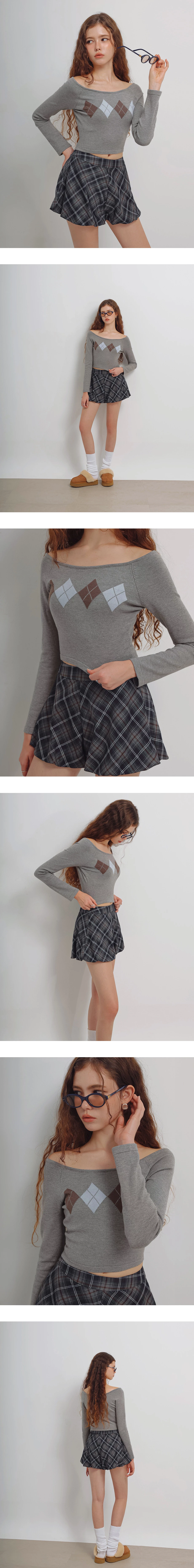 Off Shoulder Argyle Knit Long Sleeve Top