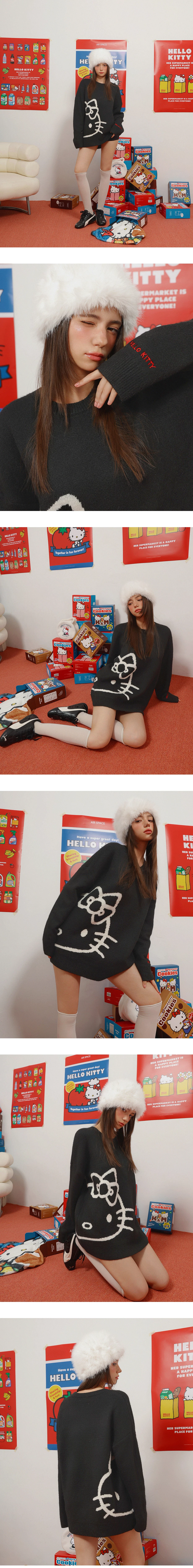【Hello Kitty Collaboration】Oversized Knit Pullover Sweater with Kitty Outline