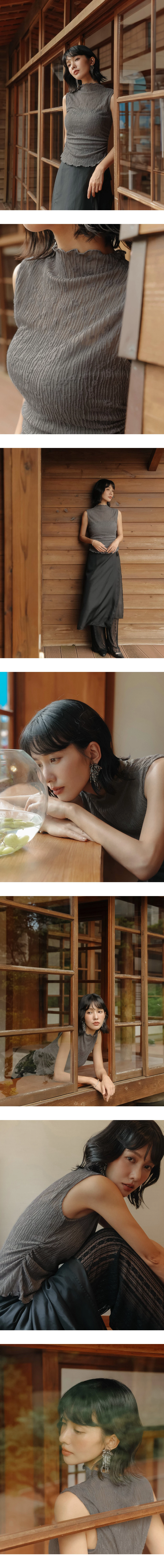 兩件式透膚蕾絲花紋高領木耳邊背心(附胸墊)