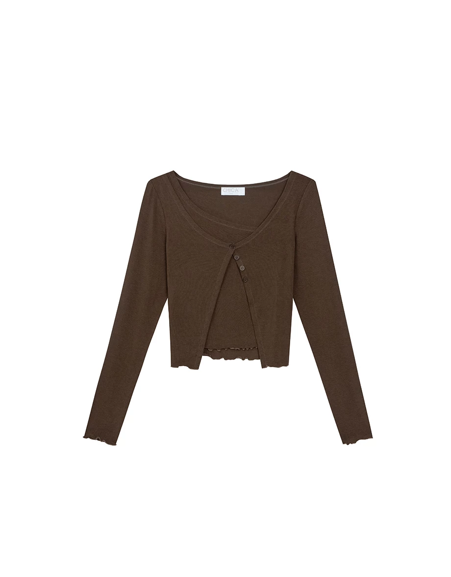 Faux Two-Piece Asymmetrical Button Front Cropped Knit Top