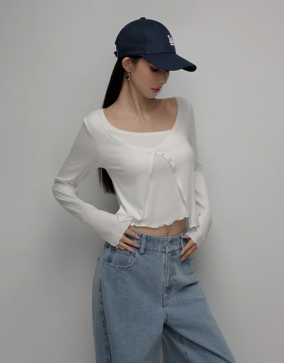 Faux Two-Piece Asymmetrical Button Front Cropped Knit Top