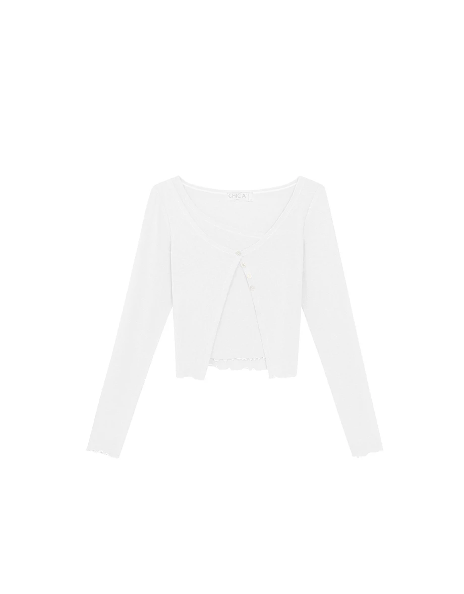 Faux Two-Piece Asymmetrical Button Front Cropped Knit Top