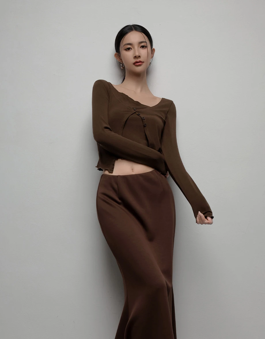 Faux Two-Piece Asymmetrical Button Front Cropped Knit Top