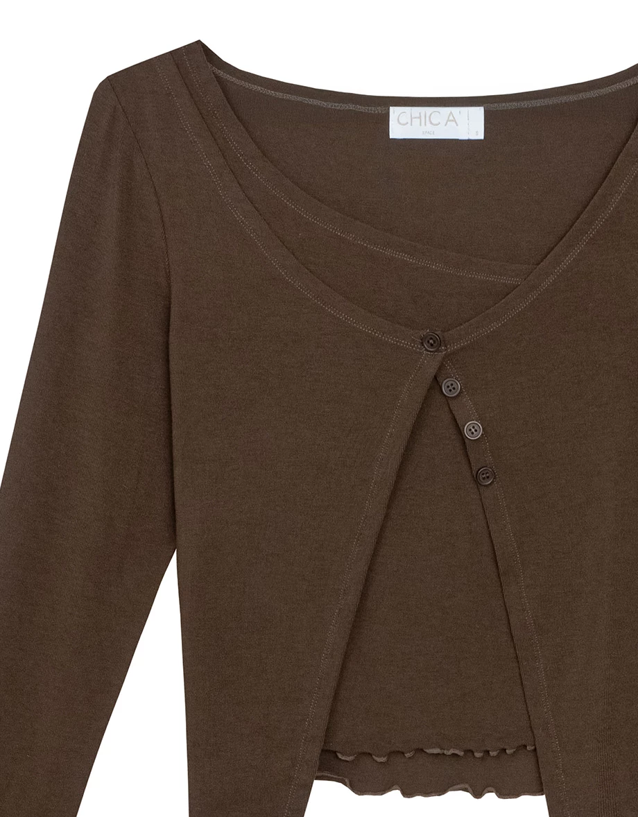 Faux Two-Piece Asymmetrical Button Front Cropped Knit Top