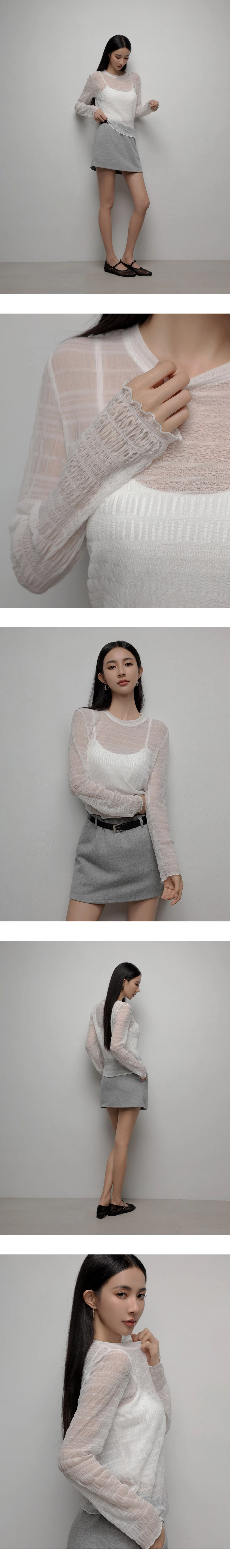 Sheer Stripe Mesh Long Sleeve Top and Spaghetti Strap Camisole Set Wear