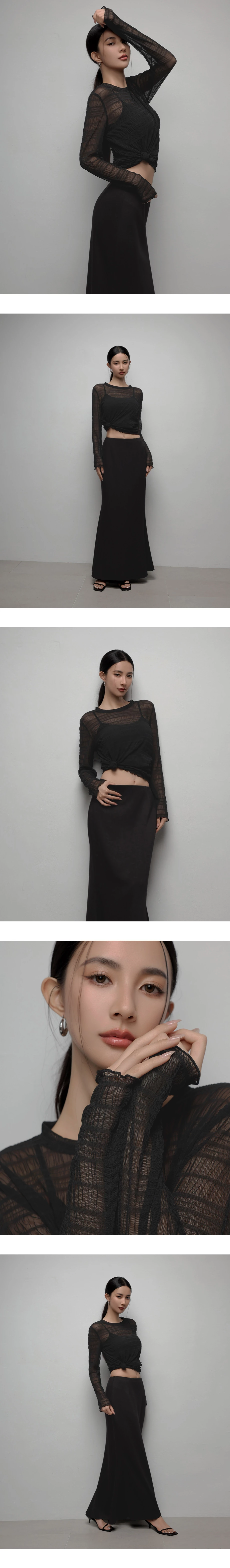 Sheer Stripe Mesh Long Sleeve Top and Spaghetti Strap Camisole Set Wear