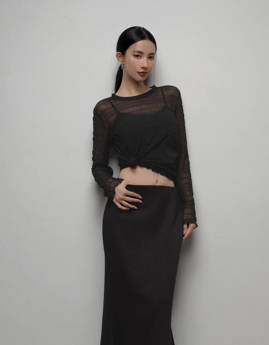 Sheer Stripe Mesh Long Sleeve Top and Spaghetti Strap Camisole Set Wear