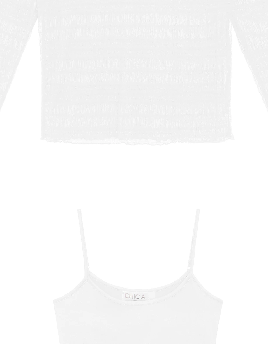 Sheer Stripe Mesh Long Sleeve Top and Spaghetti Strap Camisole Set Wear