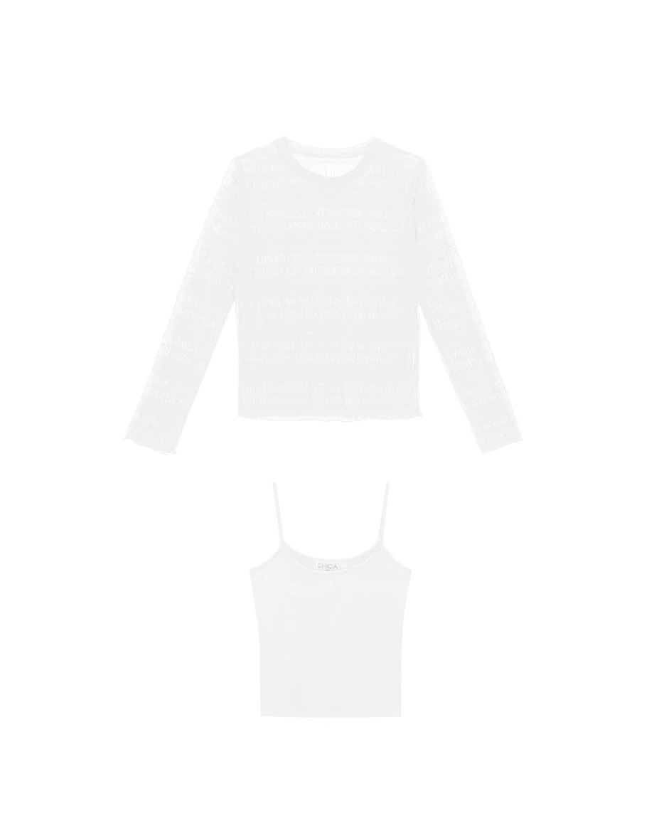 Sheer Stripe Mesh Long Sleeve Top and Spaghetti Strap Camisole Set Wear
