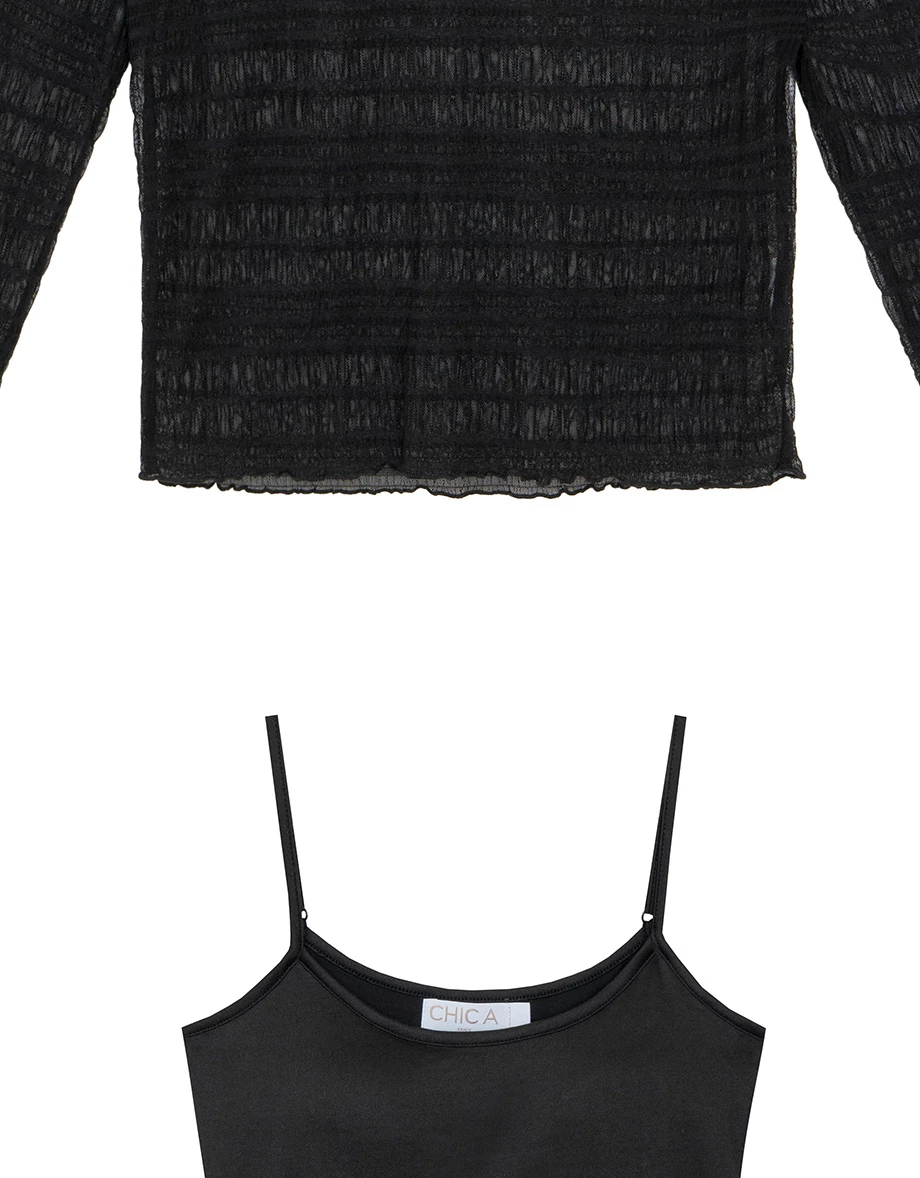 Sheer Stripe Mesh Long Sleeve Top and Spaghetti Strap Camisole Set Wear