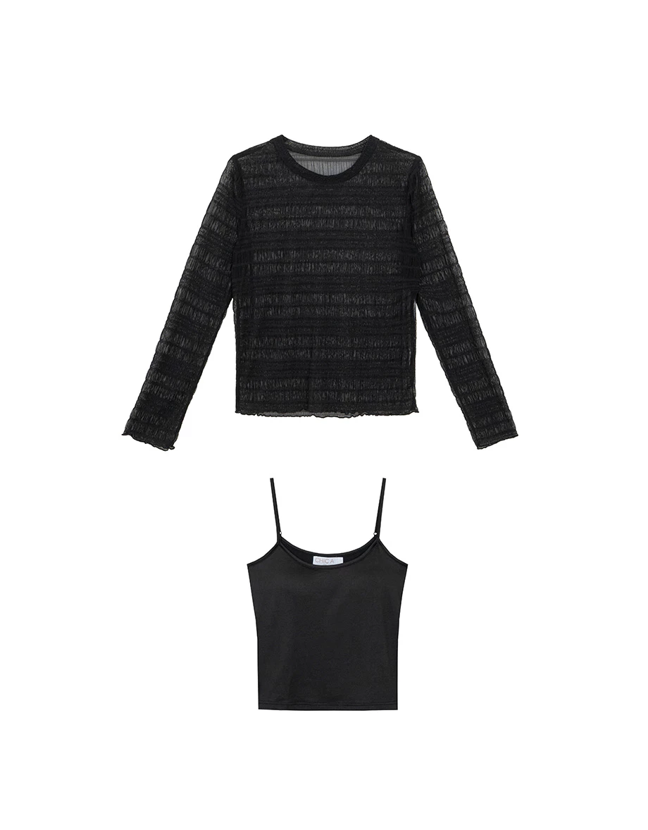 Sheer Stripe Mesh Long Sleeve Top and Spaghetti Strap Camisole Set Wear