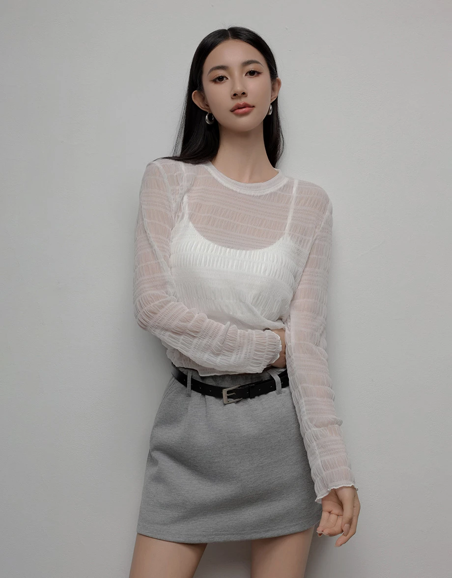 Sheer Stripe Mesh Long Sleeve Top and Spaghetti Strap Camisole Set Wear