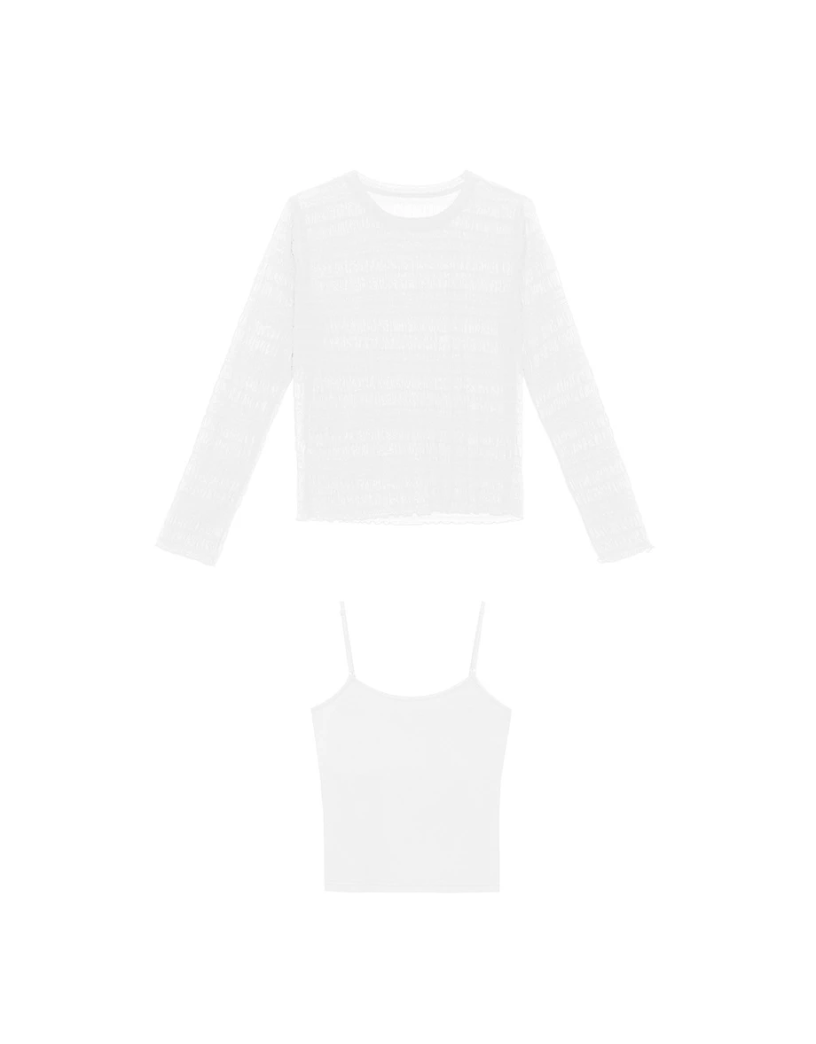 Sheer Stripe Mesh Long Sleeve Top and Spaghetti Strap Camisole Set Wear