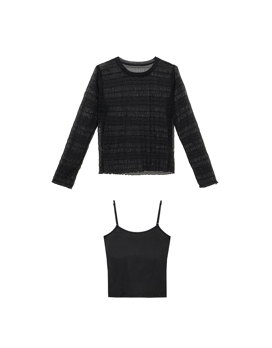 Sheer Stripe Mesh Long Sleeve Top and Spaghetti Strap Camisole Set Wear
