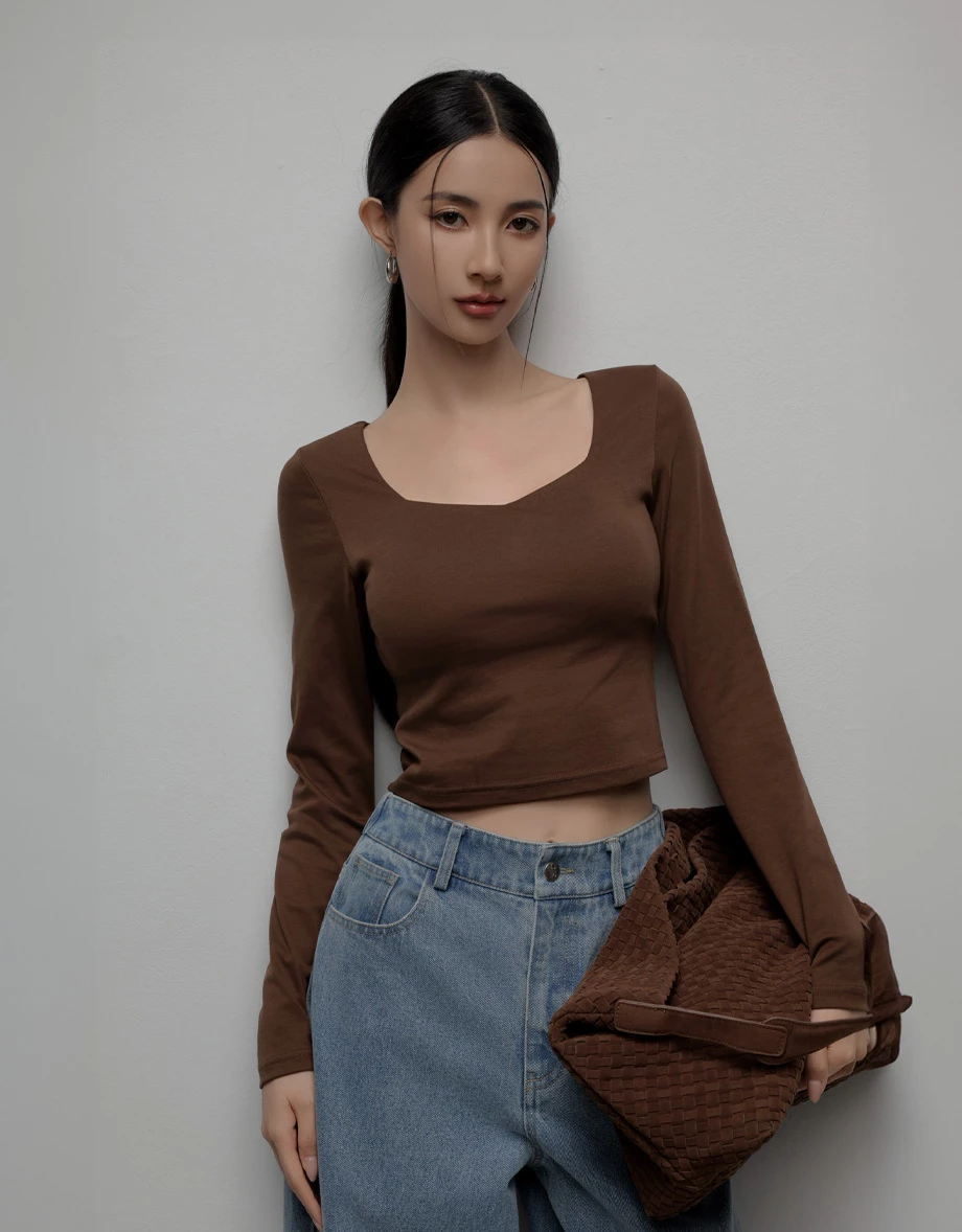 Square Neck Long Sleeve Fitted Bra Top