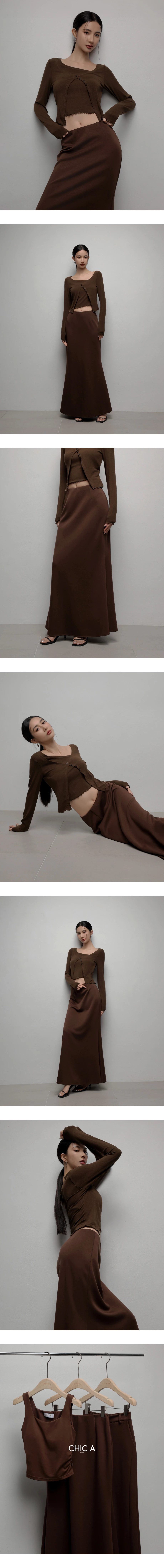 AIRY HOURGLASS Skirt Maxi Knit Pinggang Tinggi Hujung Kembang Gaya Minimalis