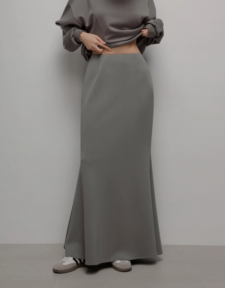 AIRY HOURGLASS Skirt Maxi Knit Pinggang Tinggi Hujung Kembang Gaya Minimalis
