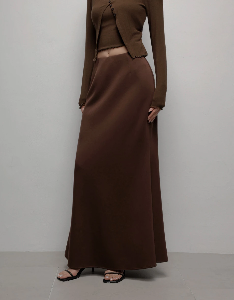 AIRY HOURGLASS Skirt Maxi Knit Pinggang Tinggi Hujung Kembang Gaya Minimalis