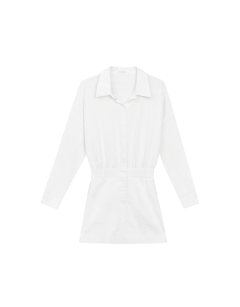 Collared Button Front Cinched Waist Mini Shirt Dress
