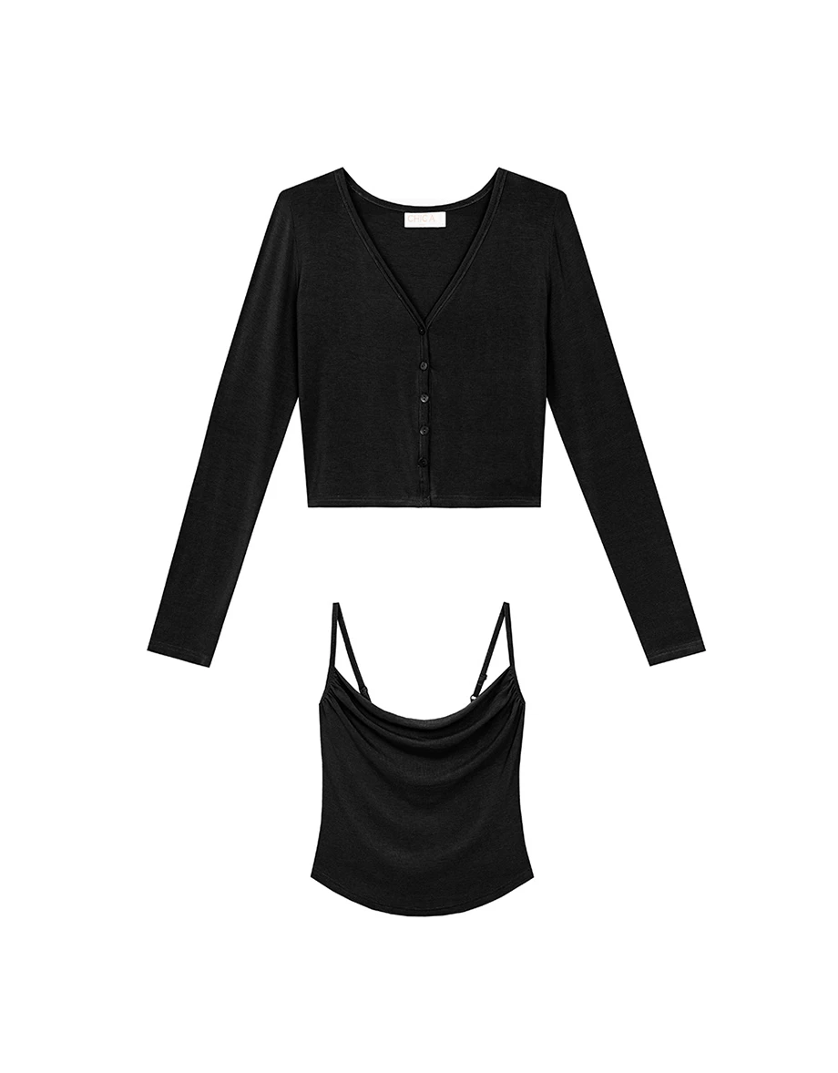AIRY HOURGLASS Long Sleeve Open Front Cardigan and Ruched Spaghetti Strap Camisole Set Wear