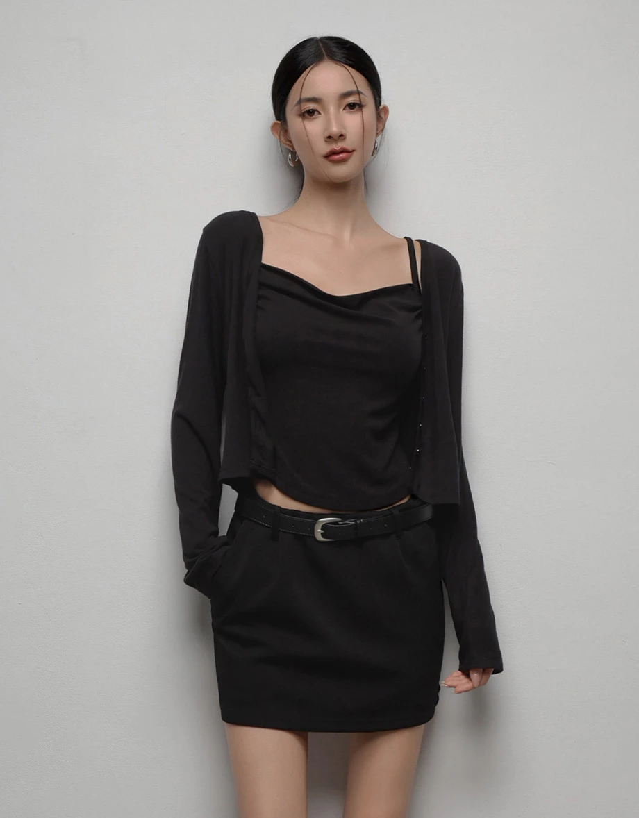 AIRY HOURGLASS Long Sleeve Open Front Cardigan and Ruched Spaghetti Strap Camisole Set Wear