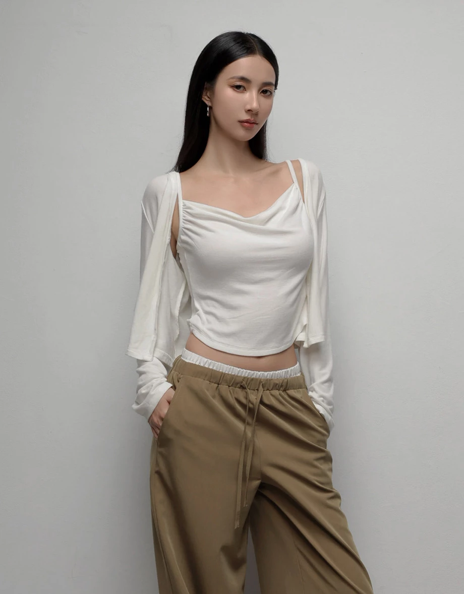 AIRY HOURGLASS Long Sleeve Open Front Cardigan and Ruched Spaghetti Strap Camisole Set Wear