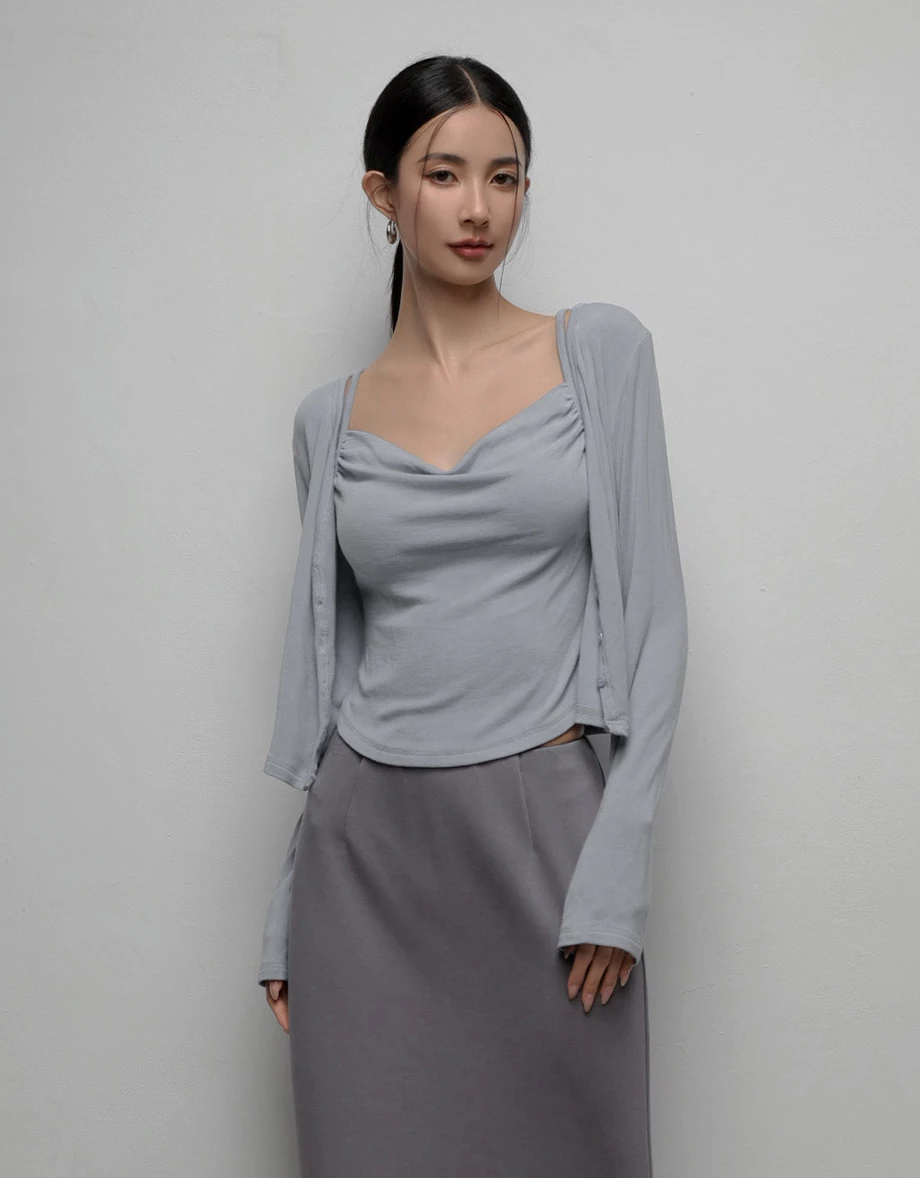 AIRY HOURGLASS Long Sleeve Open Front Cardigan and Ruched Spaghetti Strap Camisole Set Wear