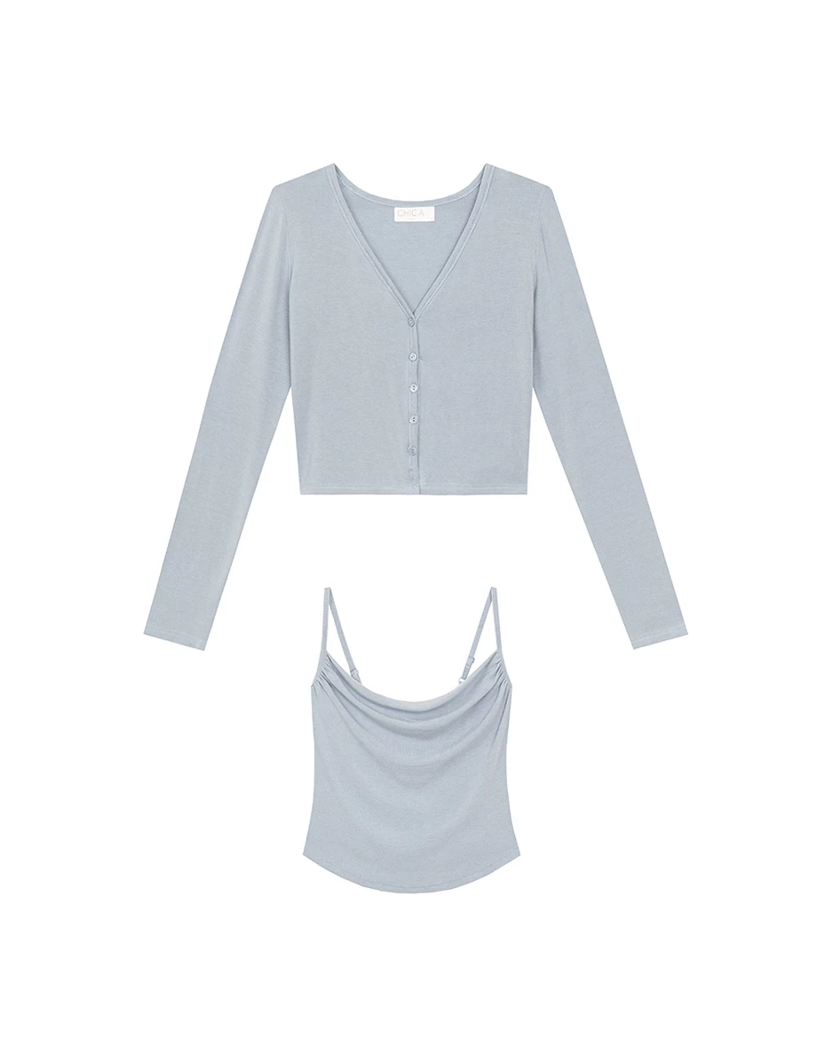 AIRY HOURGLASS Long Sleeve Open Front Cardigan and Ruched Spaghetti Strap Camisole Set Wear