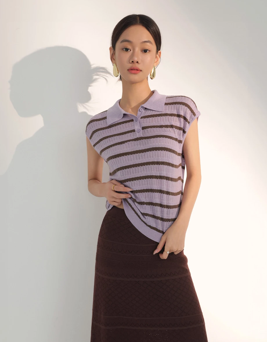 撞色條紋翻領排扣無袖針織衫
