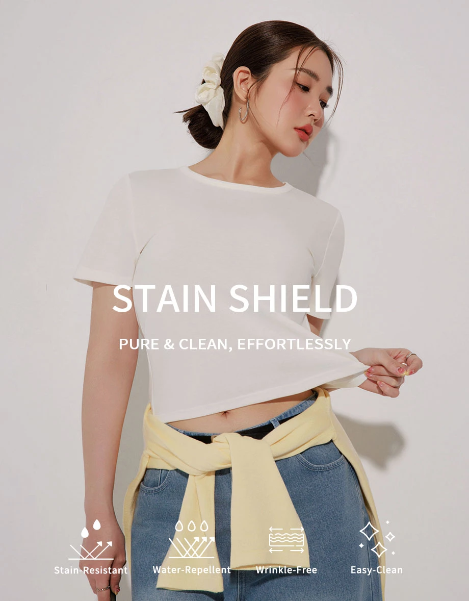 【Stain Resistant】Simple Basic Crew Neck Fitted Crop Tee