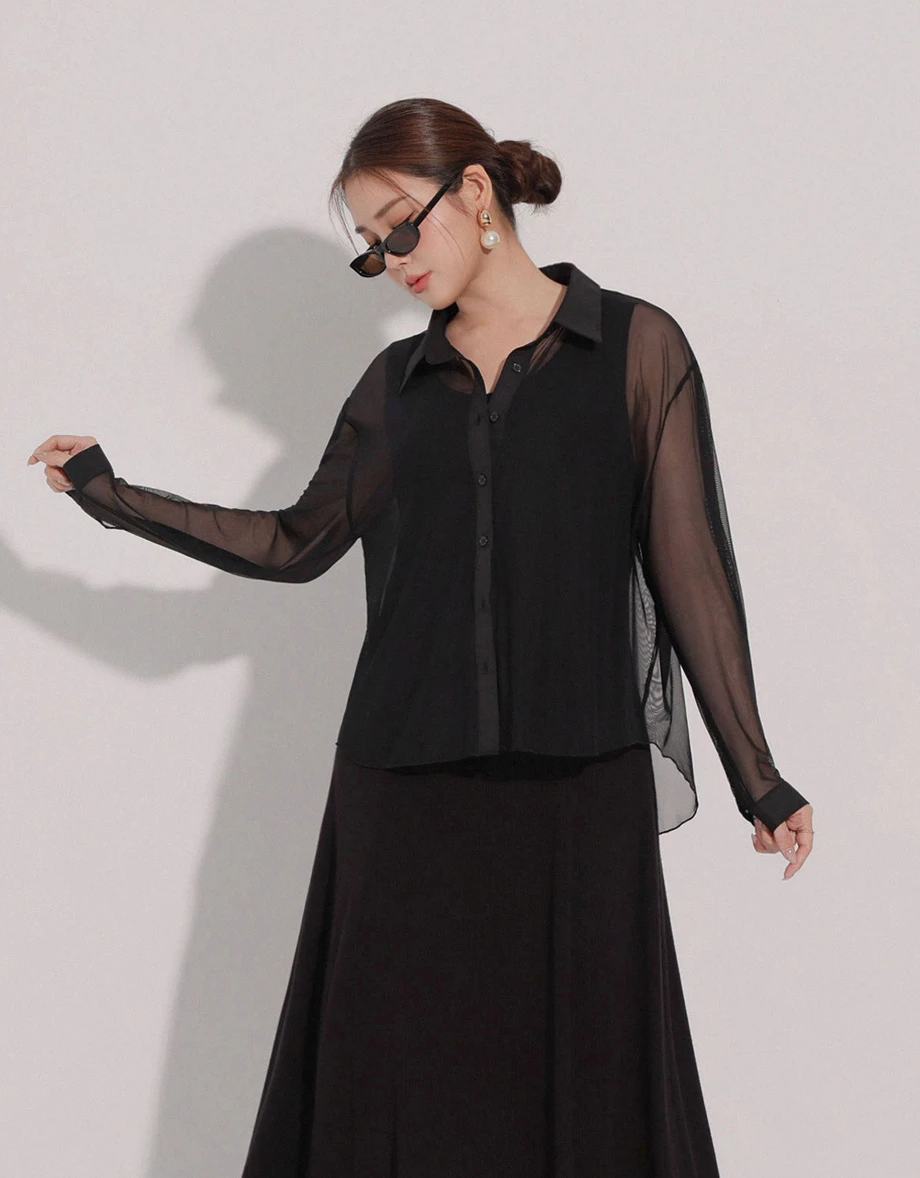 Lightweight Sheer Chiffon Collared Button Up Shirt Blouse