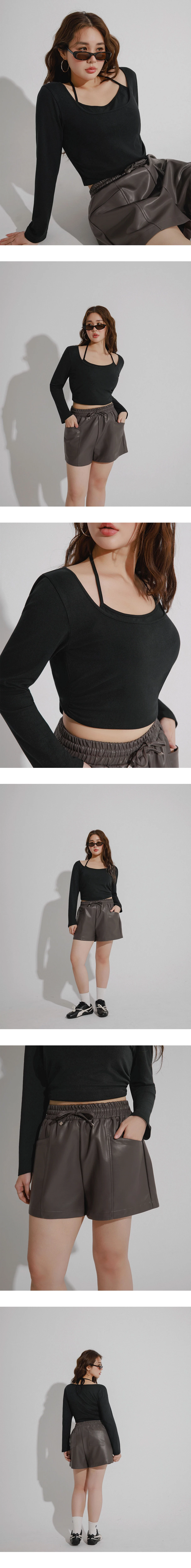 Faux 2 Piece Halter Strap Square Neck Long Sleeve Top