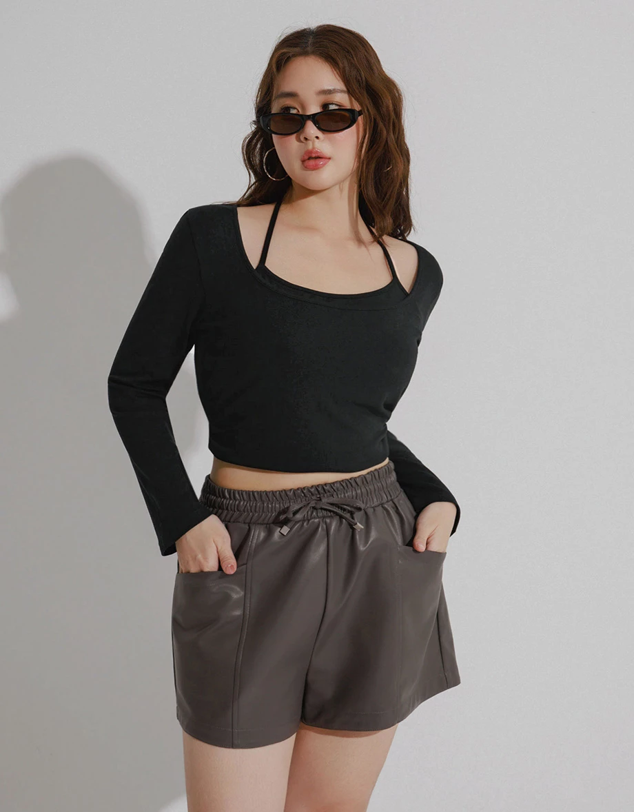 Faux 2 Piece Halter Strap Square Neck Long Sleeve Top