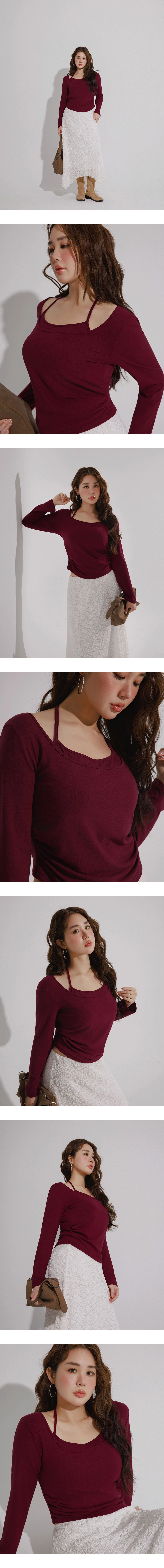 Faux 2 Piece Halter Strap Square Neck Long Sleeve Top