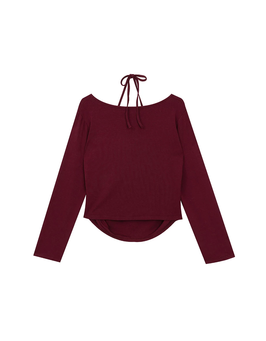 Faux 2 Piece Halter Strap Square Neck Long Sleeve Top