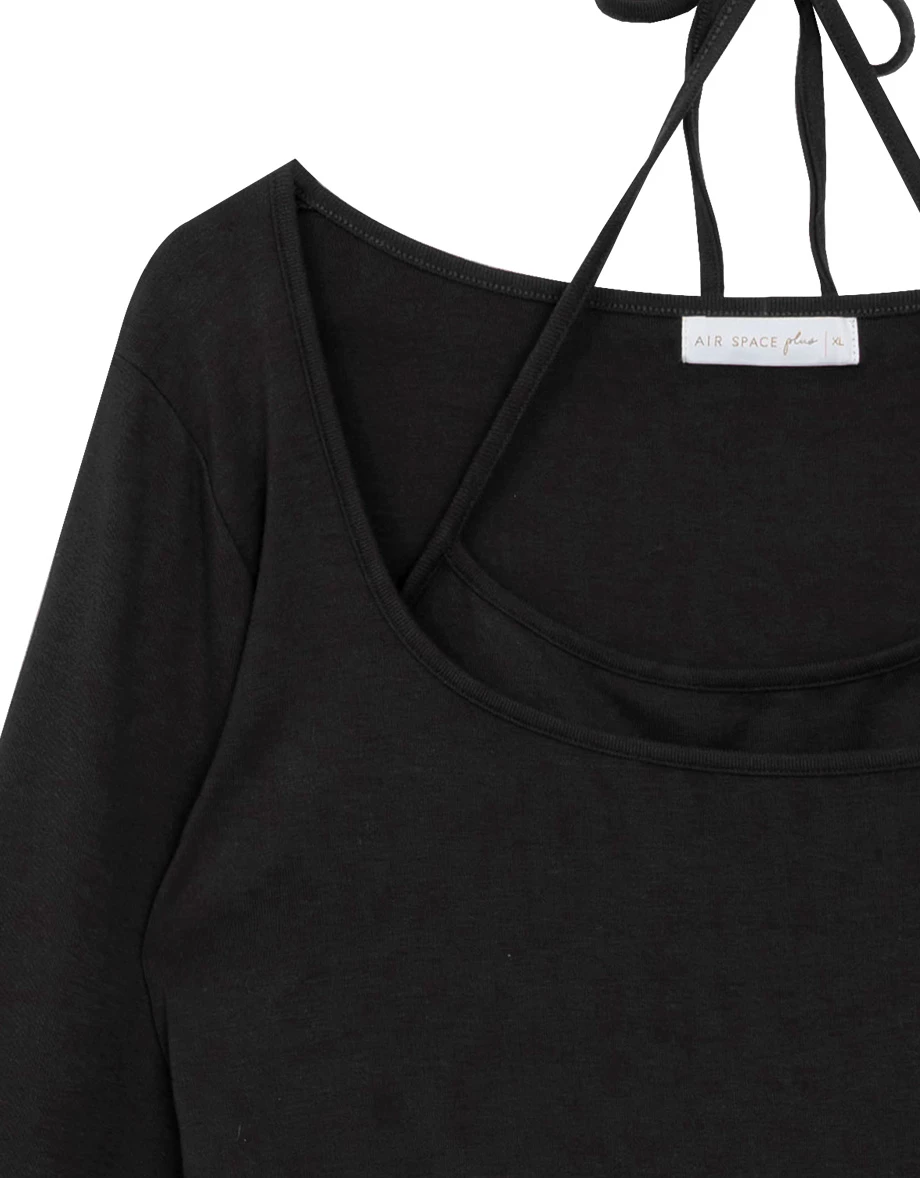 Faux 2 Piece Halter Strap Square Neck Long Sleeve Top