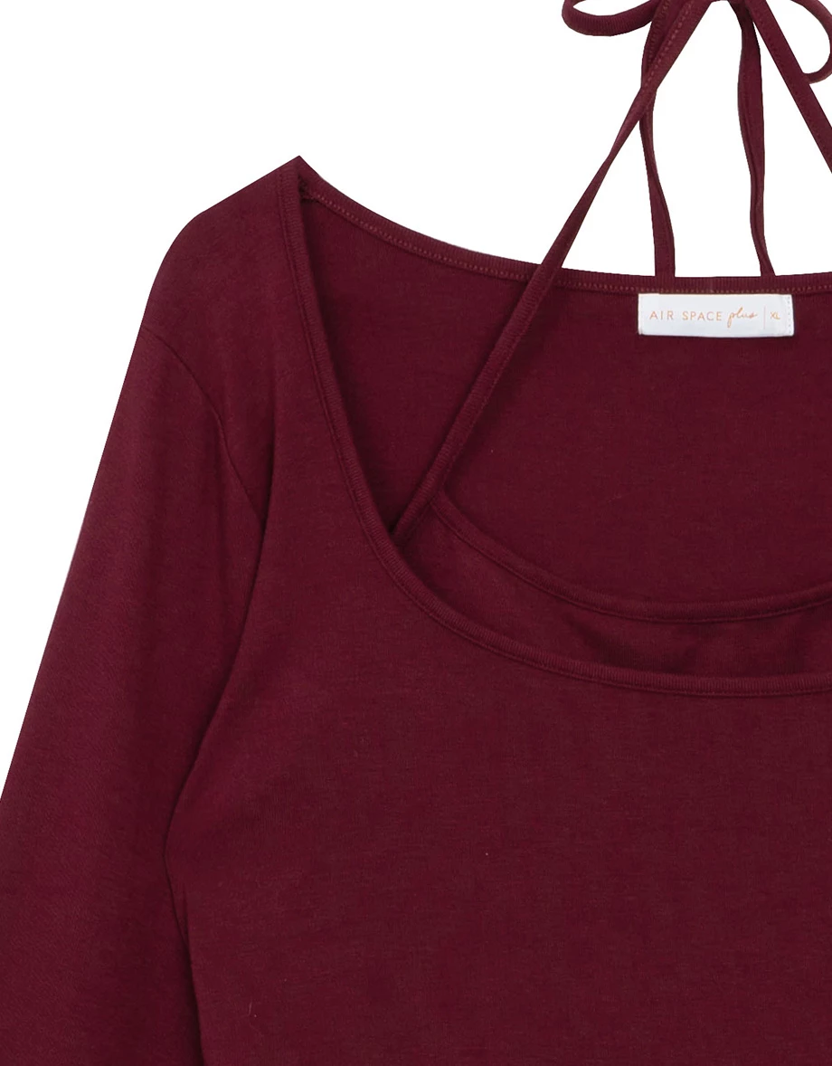 Faux 2 Piece Halter Strap Square Neck Long Sleeve Top