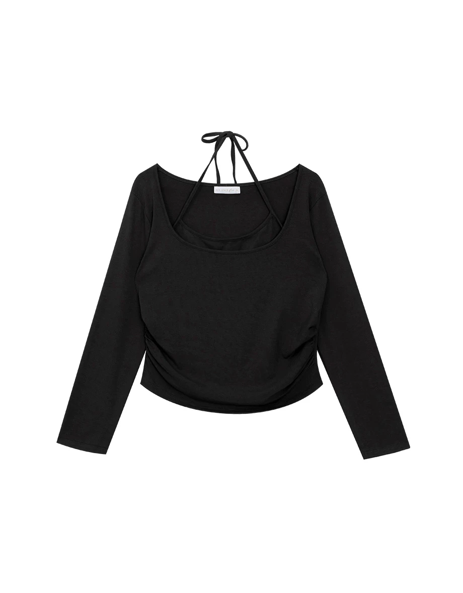 Faux 2 Piece Halter Strap Square Neck Long Sleeve Top